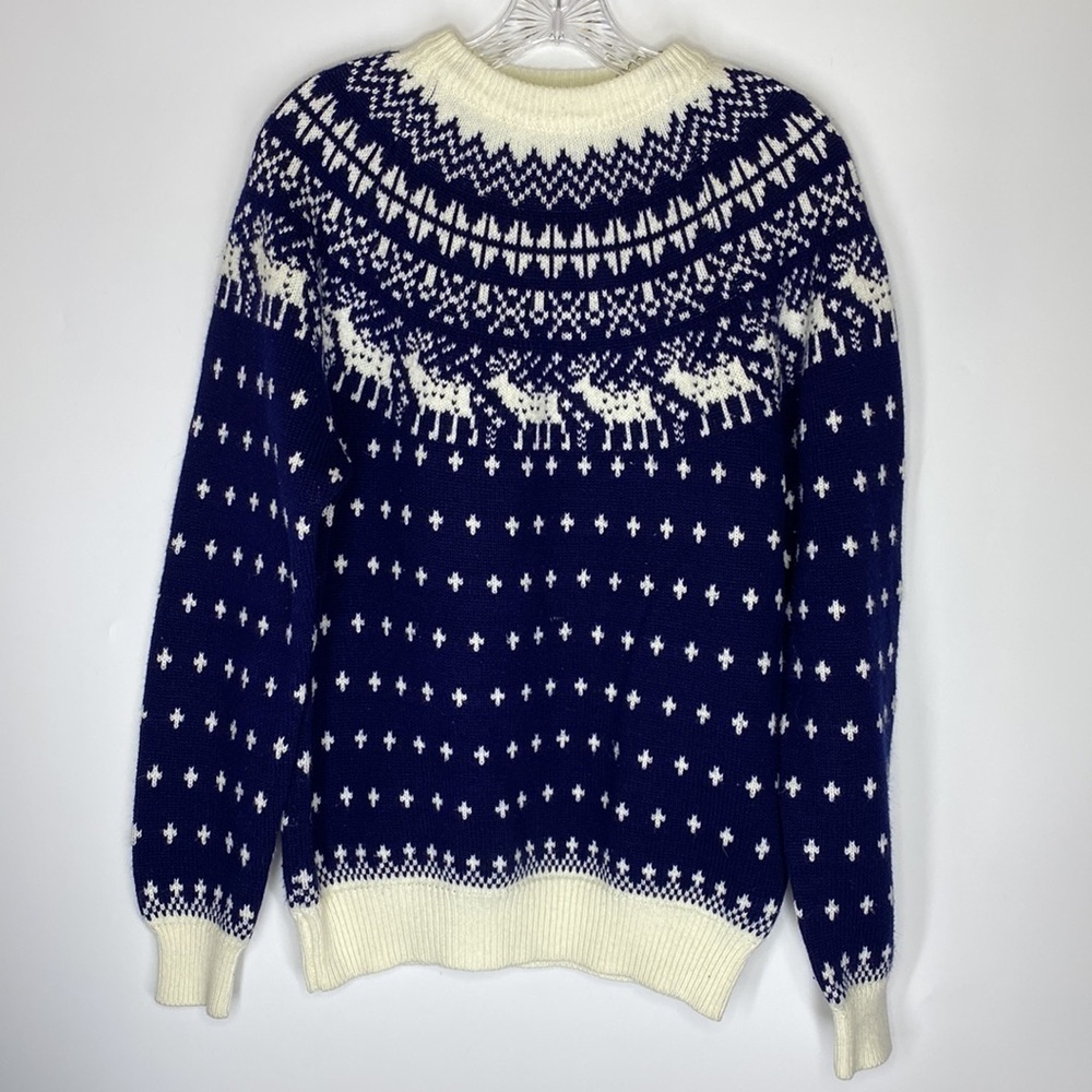 Vintage South Channel Reindeer Scandanavian Nordic Sweater Blue Crew Large
